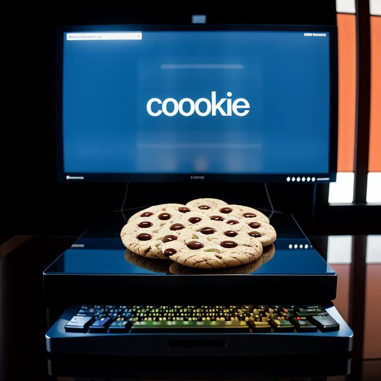 Hyperrealistic art realistic photo of one cookie on a keyboard inside of information technilogy, background Monitor on screen cyberspace of information technilogy