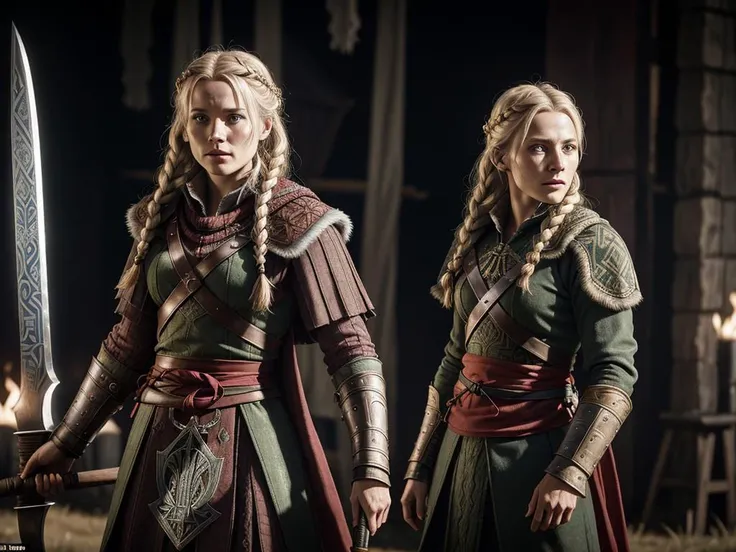 an Denmark actress Cecilie Stenspil who played the role viking woman Eivor in Assassin's Creed - Valhalla, muscular body, tattoos, an old scar on her cheek, in coats of ring-mail, and in foreign helmets, standing in a fighting pose, swinging an axe on the battlefield, around the corpses of fallen enemies and fire