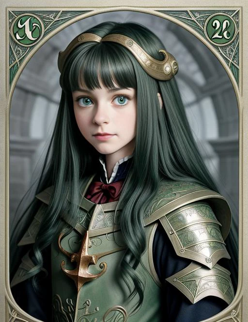 CLAMP style, extremely detailed, hyper detailed, (masterpiece) hogwarts 1girl young wizard slytherin armored,scandinavian folk art motif, sharp lines, designed by Brian Froud,