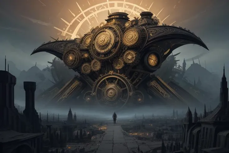 concept art chaos engine. gold and black. striking contrast. a digital rendering. cogs. gears. mechanisms. art deco. steampunk. victoriana.
Heavy geometric influence, Streamlined and sleek forms, Sunburst or sunrise motifs, Exaggerated curves, Hard edges, Low reliefs, Stepped forms, Ziggurat patterns, Stylized, floral patterns
. digital artwork, illustrative, painterly, matte painting, highly detailed