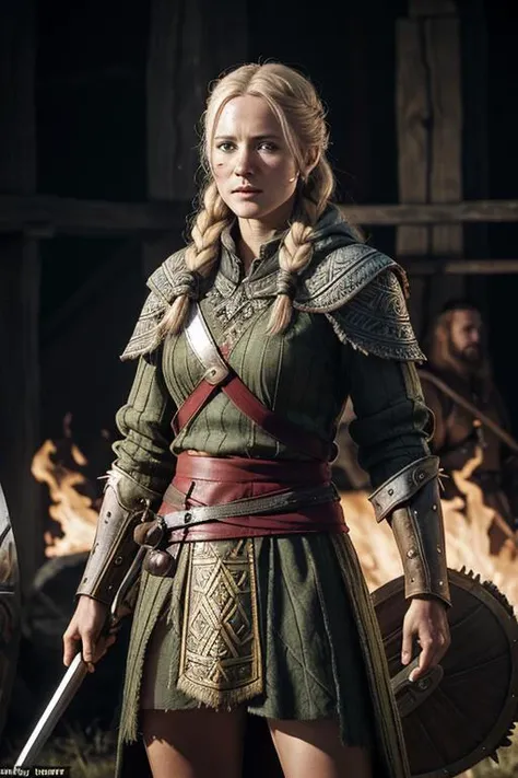 an Denmark actress Cecilie Stenspil who played the role viking woman Eivor in Assassin's Creed - Valhalla, muscular body, tattoos, an old scar on her cheek, in coats of ring-mail, and in foreign helmets, standing in a fighting pose, swinging an axe on the battlefield, around the corpses of fallen enemies and fire