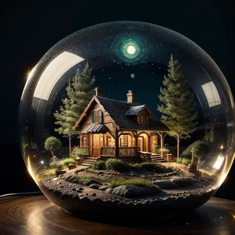 mini house, landscape, old fashion, nature, night light, a bubble, in the bubble, high detailed, masterpiece, best quality, <lora:Bubble_Sora:0.4>, (masterpiece,best quality:1.5)