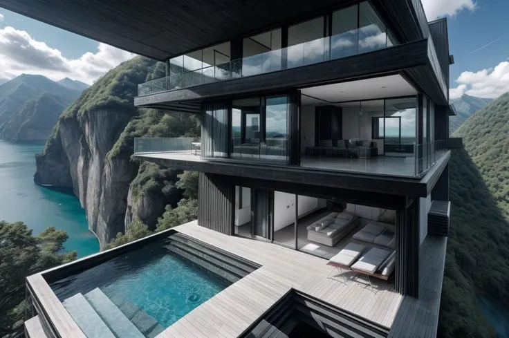 black walls modern villa, house into the montain, pool, window, bridge,
on the edge of a cliff surrounded by waterfalls, cloudy weather, intricated architecture, view from upper front, (drone photo from far away, outdoors view:1.4),
(masterpiece),(high quality), best quality, real,(realistic), super detailed, (full detail),(4k),8k, no humans, scenery, mystic, <lora:_20230805154543:1><lora:add_detail:1.0>