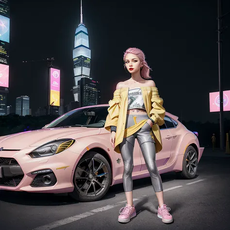 automotive advertisement style, girl Citizen of Kiribati, Fisheye-shot, (yellow off-shoulder jacket,pink sneaker:1.4),(tattoo,t-shirt,gray fit cargo pants:1.2),, dynamic background (1girl:1.4),looking at viewer,serperior,8K render,best quality,, (masterpiece, best quality, ultra-detailed, best shadow),, In the style of Akira, you find yourself standing on a futuristic, neon - lit cityscape, as massive holographic advertisements fill the sky. Suddenly, you notice a massive explosion in the distance, as a towering skyscraper collapses in on itself., extremly detailed skin texture, Extremely high-resolution details, natural skin texture, Extremely high-resolution details face, Extremely high-resolution details breasts, Extremely high-resolution details body, Extremely high-resolution details clothes, photographic, realism pushed to extreme, fine texture, incredibly lifelike . <lora:star_wars_offset:1.0>