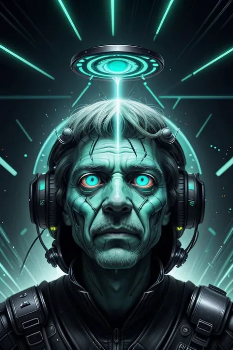 best quality,masterpiece,(1man, wrinkled face, old male:1.2), turquoise eyes, gray hair, fade, Style-GravityMagic, solo, half shot, (glowing eyes:1.1),looking away, detailed background, detailed face, (<lora:SolarpunkAI:0.5>, green-powered, solarpunk theme:1.1), techno-shaman, wearing shamanic clothes, techwear, decorative bolts, tribal chrome talisman, union of tribal rituals and science, holographic spirit guidance, digital hex, floating particles, epic atmosphere,,
