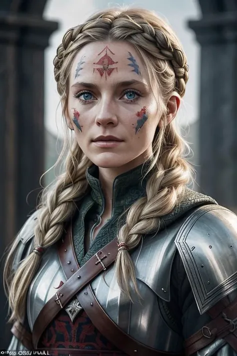 an Denmark actress Cecilie Stenspil who played the role viking woman Eivor in Assassin's Creed - Valhalla, muscular body, tattoos, an old scar on her cheek, in coats of ring-mail, and in foreign helmets