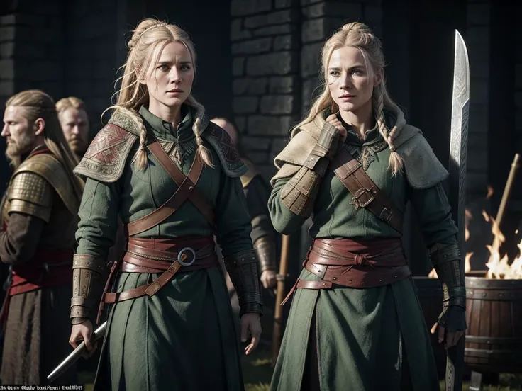 an Denmark actress Cecilie Stenspil who played the role  viking woman Eivor in Assassin's Creed - Valhalla, muscular body, tattoos, an old scar on her cheek, in coats of ring-mail, and in foreign helmets,  standing in a fighting pose, swinging an axe on the battlefield, around the corpses of fallen enemies and fire