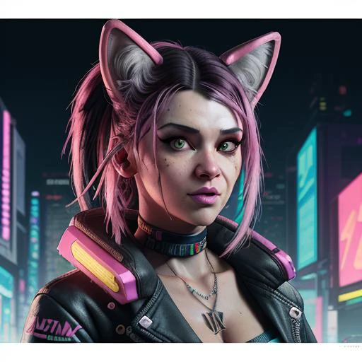 cyberpunk 2077, neon tones, radical, 80s, michael mann, a digital art concept art portrait of a, anthropomorphic cyberpunk neon tabby cat burglar wearing a nametag that says "KEVIN", high saturation, octane render, bright neon colors, unmuted tones