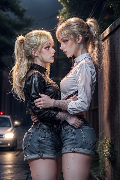 2girls, <lora:more_details:0.6>, <lora:cheektocheek:0.6> picture of two shy blonde redhead young girls with long blonde readhead hair pressing their breasts against each other kissing in the rain, wet hair, rain drops, water, (light on faces), looking at each other, ass, shorts <lora:ClothingAdjuster2:-1> <lora:epi_noiseoffset2:0.8> <lora:lora_perfecteyes_v1_from_v1_160:1> perfect eyes, small breasts, broken, cum,
<lora:Broken:0.9>, <lora:running-makeup:0.4>, running makeup, tattoo, freckles, hogtie, stockings, bdsm