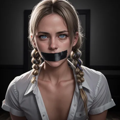 pigtail blonde hair,portrait,sexy,slutty,young adult woman,white buttoned down shirt,red eyes,sexy eyes,(TAPE GAG),hands tied behind back,staring into camera,kneeling
((best quality)), ((masterpiece)), ((realistic)), (detailed),(hdr:1.3),absurdres,(8k, RAW photo:1.2),cinematic, hdr,photography,photo,gritty