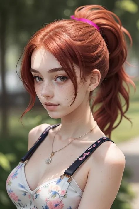 (masterpiece, best quality), 1girl, collarbone, wavy hair, looking at viewer, blurry, upper body, necklace, suspenders, floral print, ponytail, freckles, red hair, sunlight,