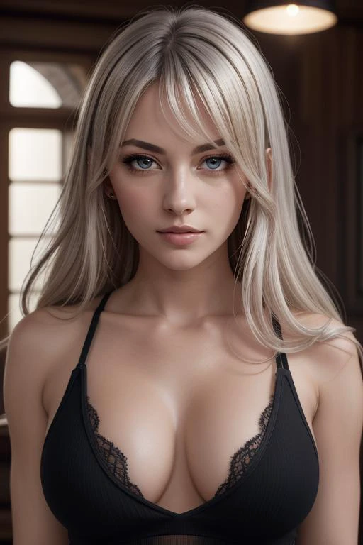 (masterpiece, best quality, ultra-detailed), (detailed background), (beautiful detailed face), high contrast, (best illumination, an extremely delicate and beautiful), ((cinematic light)), colorful, hyper detail, dramatic light, intricate details, (1girl, solo, long platinum hair, hair over eye, smooth body, sharp face, nsfw, tank top, medium breasts, underboob, shirt lift), indoor