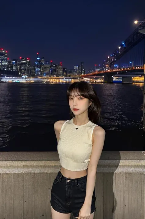 Fujifilm XT3, 8k,close up photo, masterpiece, best quality, (((1girl))), solo,realistic, ((looking at viewer)), photorealistic, (extremely detailed face), looking at viewer, ((ultra-detailed eyes and pupils)), ultra detailed, serious expression, cropped top,shirts, arms behind back, (standing against a city skyline at night), (night:1.5), crop top, bangs, medium hair, ((navel)), <lora:yeojinlorashy:1>