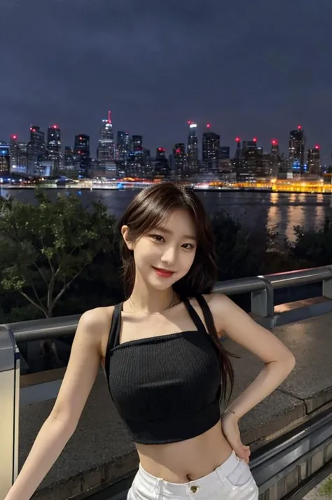 nikon RAW photo,8 k,Fujifilm XT3,close up photo, jihanlorashy, masterpiece,  best quality, 1girl,solo,realistic, photorealistic, (extremely detailed face), ultra-detailed eyes and pupils, ultra detailed, serious expression, standing against a city skyline at night, (business suits), shirts, tiny waist, short skirt, front flash, <lora:mondaylorashy:0.85>