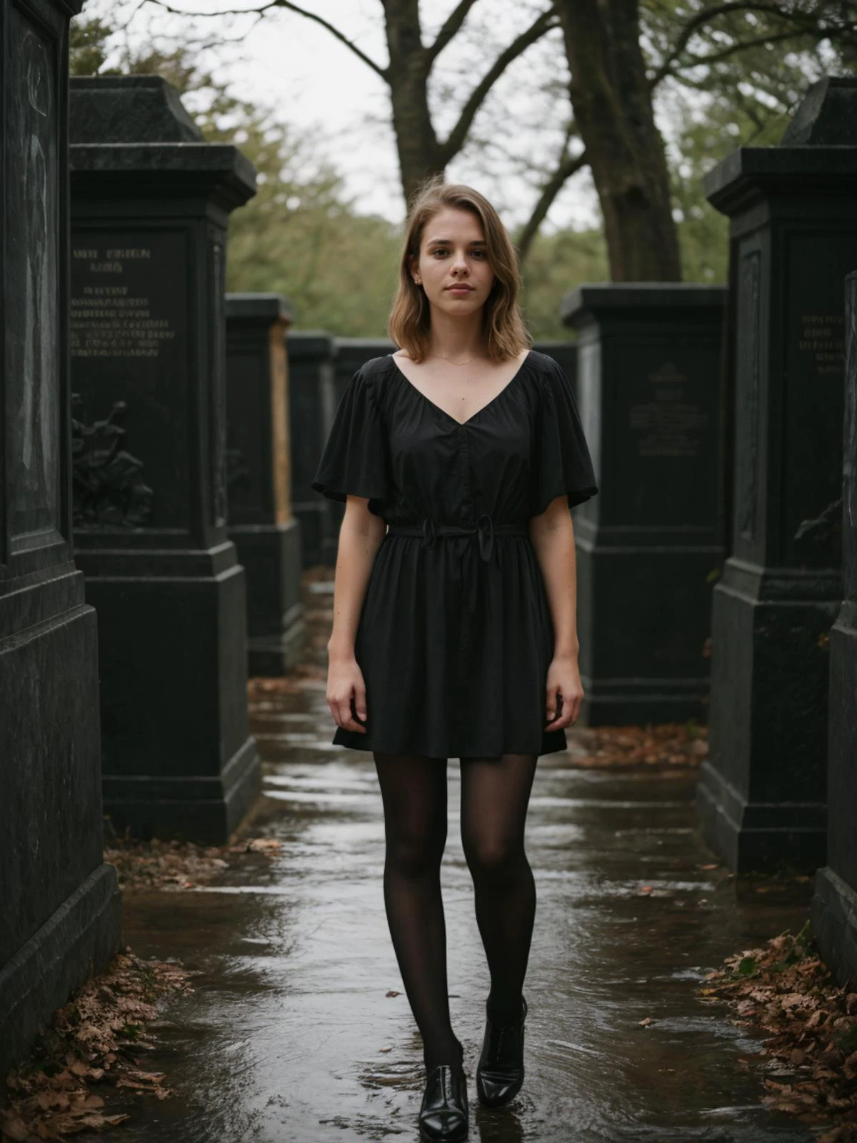 RAW photo, 1girl
BREAK
, tearful sad expression, "ready-for-a-funeral", black dress, looking down, in a rainy graveyard at dusk, ((full body shot)), PA7_Portrait-FL
BREAK, (((Ultra-HD-details, Ultra-HD-detailed, Ultra-HD-realistic, Ultra-HD-photo-same-realistic-quality-details))), 8k uhd, dslr, soft lighting, high quality, film grain, Fujifilm XT3