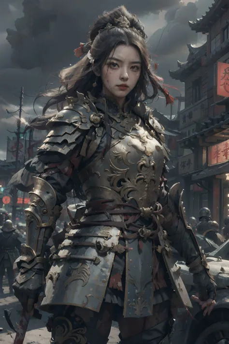 <lora:EABA_v1:0.6> <lora:zhongfenghuaxiyou-000018:0.4:PALLETE> zhongfenghua, eaba, <lora:PerfectNwsjMajic_5:0.5:FACE>,
wide-angle, cinematic lighting, (1girl, female general in the battlefield:1.2), wearing full armour, fighting enemies with Chinese Tang Dao, protect the city walls, hand gloves, blood on the face, blood on armour, golden ratio, exaggerated facial expressions, classic scene,