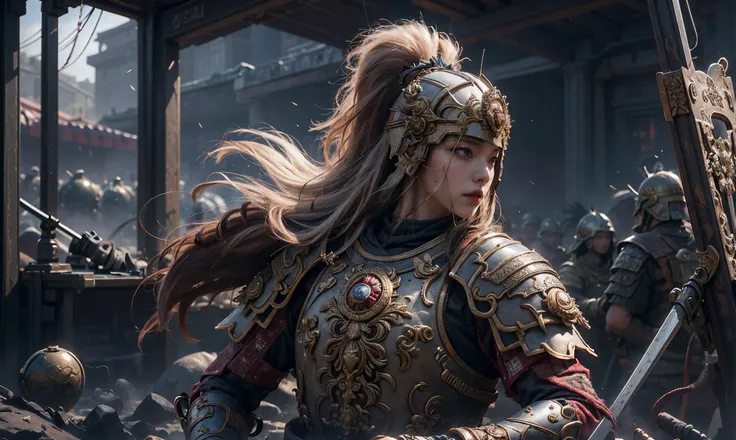 (RAW photo, best quality), (realistic, photo-realistic:1.30),8k uhd, dslr, soft lighting, high quality, film grain,(1girl) with long hair standing in front of a battlefield,ponytail, blood on face, full body, warrior, big hair, epic artwork, ruined scene, fire, wide-angle, cinematic lighting, eaba,golden ratio, exaggerated facial expressions, <lora:EABA_v1:0.8:MIDD> <lora:add_detail:0.4>, masterpiece,ultra realistic,32k,extremely detailed CG unity 8k wallpaper, best quality, masterpiece,ultra realistic,32k,extremely detailed CG unity 8k wallpaper, best quality