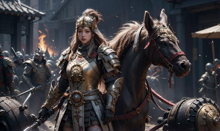 (RAW photo, best quality), (realistic, photo-realistic:1.30),8k uhd, dslr, soft lighting, high quality, film grain,(1girl) with long hair standing in front of a battlefield,ponytail, blood on face, full body, warrior, big hair, epic artwork, ruined scene, fire, wide-angle, cinematic lighting, eaba,golden ratio, exaggerated facial expressions, <lora:EABA_v1:0.8:MIDD> <lora:add_detail:0.4>, masterpiece,ultra realistic,32k,extremely detailed CG unity 8k wallpaper, best quality, masterpiece,ultra realistic,32k,extremely detailed CG unity 8k wallpaper, best quality
