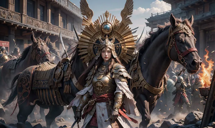 (RAW photo, best quality), (realistic, photo-realistic:1.30),8k uhd, dslr, soft lighting, high quality, film grain,(1girl) with long hair standing in front of a battlefield, blood on face, full body, warrior, big hair, epic artwork, ruined scene, fire, wide-angle, cinematic lighting, eaba,golden ratio, exaggerated facial expressions, <lora:EABA_v1:0.8:MIDD> <lora:add_detail:0.4>, masterpiece,ultra realistic,32k,extremely detailed CG unity 8k wallpaper, best quality,