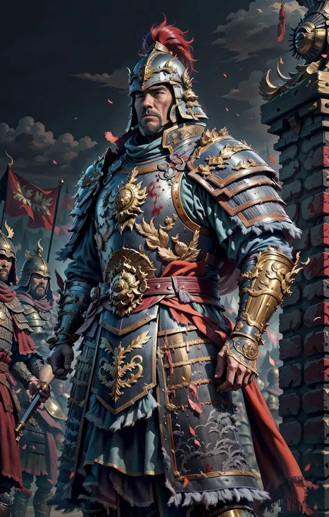 masterpiece,best quality,8K,intricate details,eaba,
wide-angle,cinematic lighting,(1boy, male general standing up on the hill:1.2),wearing full armour,Gold and red armor,Soldier,protect the city walls,((clenched fist of the right hand)),hand gloves,blood on the face,blood on armour,golden ratio,exaggerated facial expressions,classic scene,
<lora:East Asia Battle armor_v1:0.5> <lora:wh_chi_armor:0.5>,