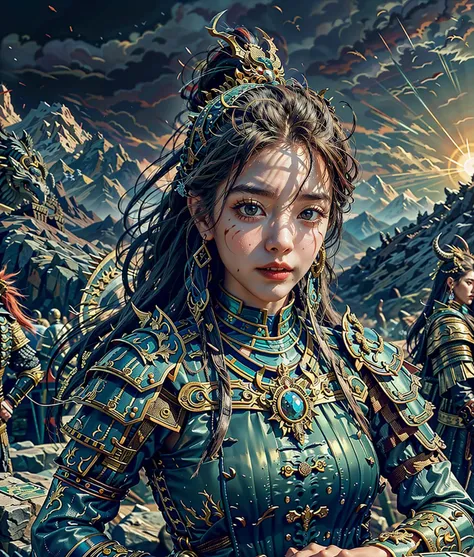 Character A Dragonbane Queen, her figure is strong and formidable, her eyes are fierce and unyielding, reflecting her relentless pursuit of dragonkind.
Expression Her eyes are determined and relentless, reflecting her unwavering bravery, and her lips are set in a resolute, battle-ready line.
Outfit She is dressed in a suit of dragon scale armor, adorned with dragon bone and claw trophies. Her hair is swept back into a high warrior's ponytail, secured with a dragon fang hairpin.
Action She is seen in a battle stance, her massive dragonbone sword raised high, ready to strike the dragon looming before her.
Foreground The foreground features her dragonbone sword, a collection of dragon scales, and a dragon skull indicating her previous victories.
Background The background reveals a rocky battleground, with scorched earth and smoldering fires, a dragon looming in the sky, and a stormy, ominous sky.