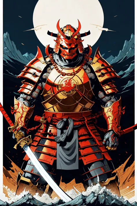 1man, ( oni  helmet and mask),  japanese samurai armor,   golden  chain, glowing eyes, mecha, japanese traditional style ,(katana pose) , fuji mountai
, negative space,      clear lines,  high contrast,  simplified
(comic style), (colored line art:1.5)   <lora:EABA_v1:0.6>