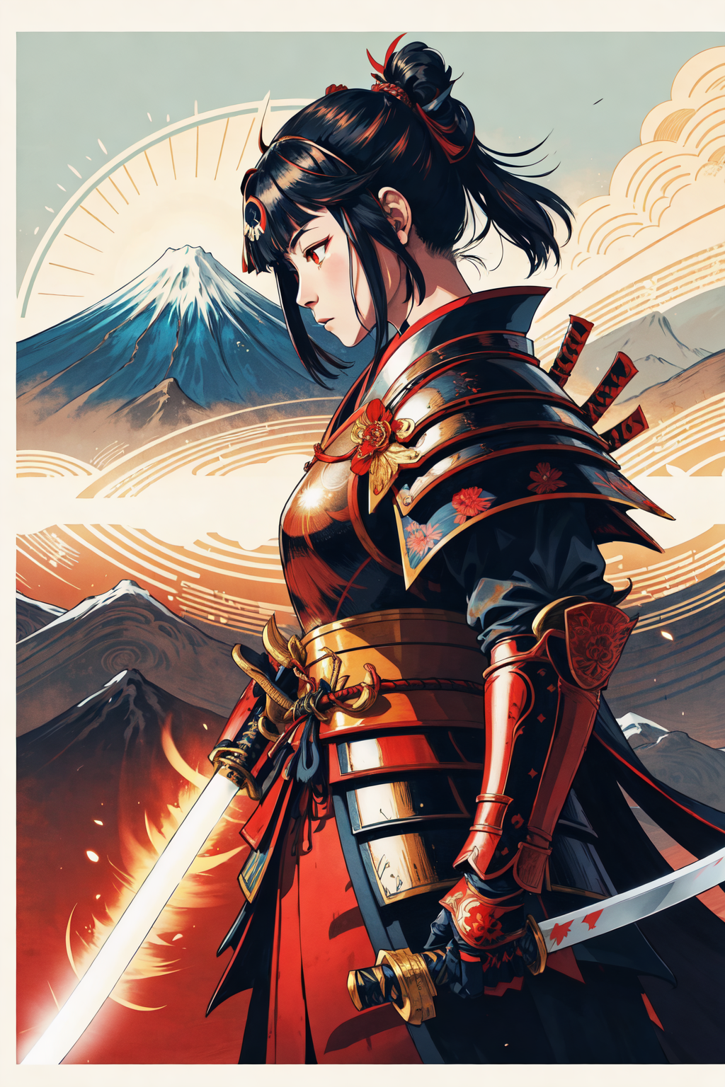A woman in a red outfit holding a sword in front of a mountain - SeaArt AI
