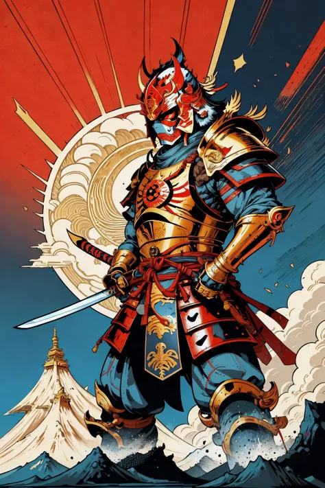 1man, ( oni  helmet and mask),  japanese samurai armor,  glowing eyes, mecha, japanese traditional style ,(katana, Iai Slashing  pose) ,side view,  fuji mountai, sun
, negative space,      clear lines,  high contrast,  simplified,  blue and gold tone 
(comic style), (colored line art:1.5)   <lora:EABA_v1:0.6>