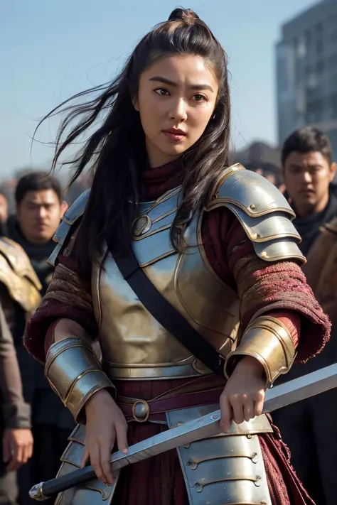 1girl,xuekq,messy long hair,glint,beautiful face,masterpiece,best quality,eaba,holding,Dragonslayer,outdoors,army,solo focus,soldier,beauty focus,polearm,banner,shoulder armor,war,holding weapon,reins,<lora:EABA_v1:0.5>,<lora:xuekqV1-000009:0.8>,