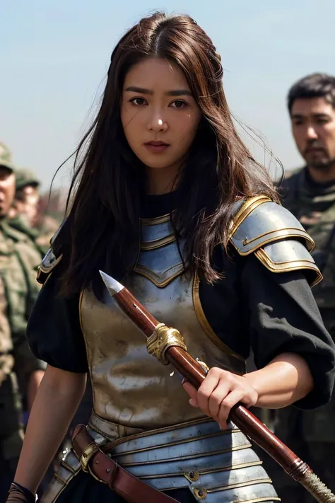 1girl,xuekq,messy long hair,glint,beautiful face,masterpiece,best quality,eaba,weapon,holding,outdoors,army,solo focus,soldier,beauty focus,polearm,banner,shoulder armor,war,holding weapon,reins,<lora:EABA_v1:0.4>,<lora:xuekqV1-000009:0.8>,