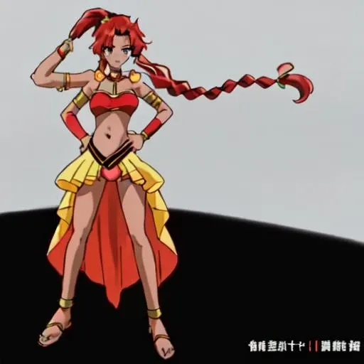 <lora:Tatra-10:1>outdoor,Masterpeace,high quality,Tatra, 1girl, solo, long hair, navel, jewelry, long hair, blue eyes, red hair, necklace, anklet,yellow bikini,dark-skinned female,circlet,full body,standing,hands on hips,midriff,navel