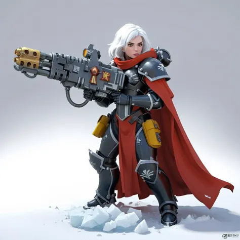 solo sister of battle, white hair, black and red power armor, aiming (a hvyflamer weapon with yellow and black fuel pipes) in her hand, red cloak, white hair, snow, ice, blizzard, battlefield, glory, charge, High quality 3D rendering, fantasy, Pixar 3D character design style, ZBrush high-polygon modeling,