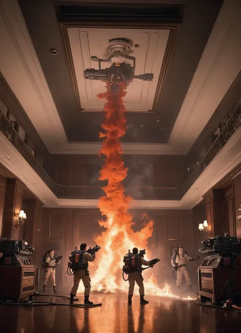 cinematic movie scene, ghostbusters exchanges their weapons with hvyflamer weapons and are burning a ghost on the ceiling, cinematic, dramatic, highly detailed, fancy hotel room,
<lora:Heavy_Flamer_-_Warhammer_40000_SDXL:1>