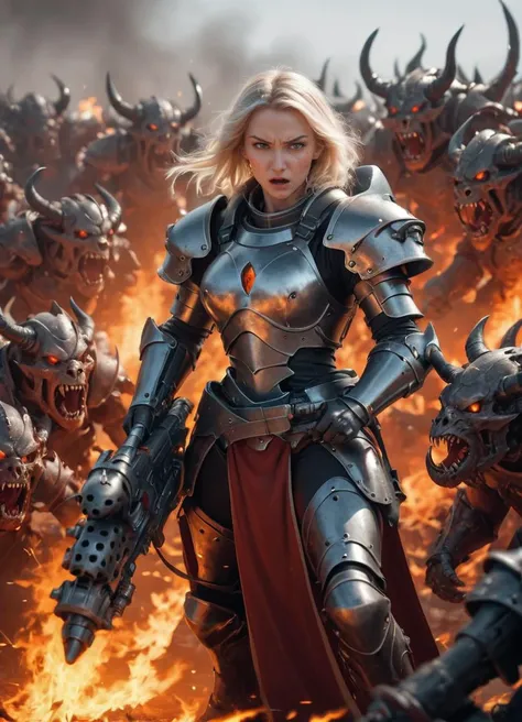 cinematic movie scene, hot woman in light armor is holding a hvyflamer weapon, spitting flames across an attacking horde of demons,
<lora:Heavy_Flamer_-_Warhammer_40000_SDXL:1>