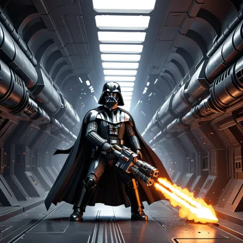 Darth Vader firing (a hvyflamer weapon) in his hands,   spaceship corridor,  High quality 3D rendering, fantasy, Pixar 3D character design style, ZBrush high-polygon modeling,