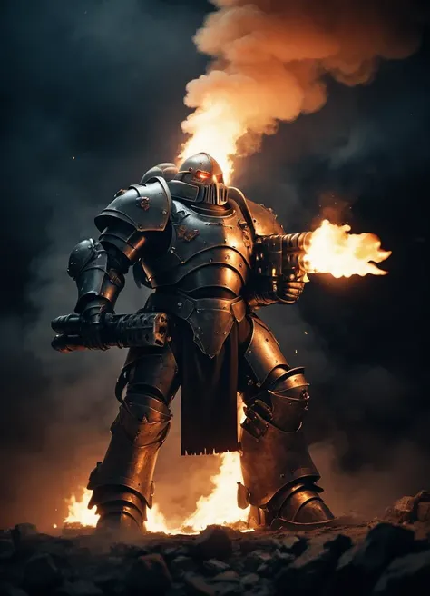 cinematic movie scene, big man in heavy armor is burning his enemies with a hvyflamer weapon, smoke in the sky, at night, dramatic light, cinematic effects,
<lora:Heavy_Flamer_-_Warhammer_40000_SDXL:1>