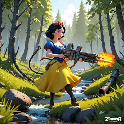 Snow White aiming (a hvyflamer weapon with yellow and black fuel pipes) in her hand, forest, stream, meadow, summer, High quality 3D rendering, fantasy, Pixar 3D character design style, ZBrush high-polygon modeling,