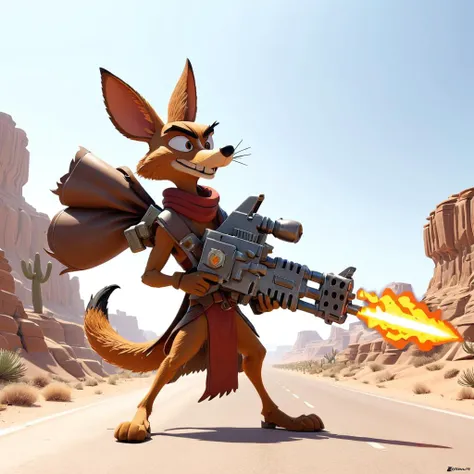 Wile E Coyote aiming (a hvyflamer weapon) in his hand, desert, highway High quality 3D rendering, fantasy, Pixar 3D character design style, ZBrush high-polygon modeling,