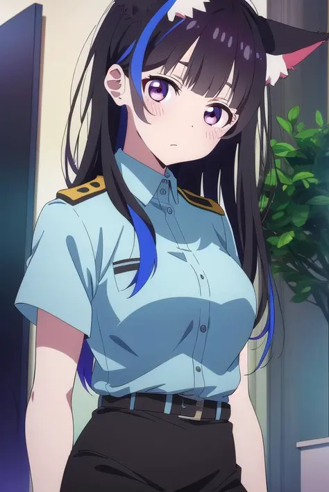 miniyaemori, <lora:miniyaemori-lora-nochekaiser:1>,
mini yaemori, long hair, bangs, black hair, blue hair, (purple eyes:1.1), multicolored hair, blunt bangs, streaked hair, ahoge,
BREAK skirt, shirt, animal ears, short sleeves, collared shirt, belt, cat ears, black skirt, uniform, animal ear fluff, parody, blue shirt, pencil skirt, black belt, police, police uniform,
BREAK looking at viewer,
BREAK indoors,
BREAK <lyco:GoodHands-beta2:1>, (masterpiece:1.2), best quality, high resolution, unity 8k wallpaper, (illustration:0.8), (beautiful detailed eyes:1.6), extremely detailed face, perfect lighting, extremely detailed CG, (perfect hands, perfect anatomy),