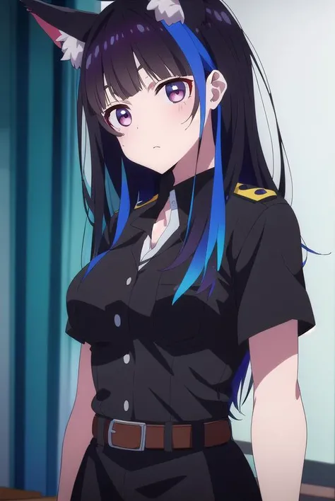 miniyaemori, <lora:miniyaemori-lora-nochekaiser:1>,
mini yaemori, long hair, bangs, black hair, blue hair, (purple eyes:1.1), multicolored hair, blunt bangs, streaked hair, ahoge,
BREAK skirt, shirt, animal ears, short sleeves, collared shirt, belt, cat ears, black skirt, uniform, animal ear fluff, parody, blue shirt, pencil skirt, black belt, police, police uniform,
BREAK looking at viewer,
BREAK indoors,
BREAK <lyco:GoodHands-beta2:1>, (masterpiece:1.2), best quality, high resolution, unity 8k wallpaper, (illustration:0.8), (beautiful detailed eyes:1.6), extremely detailed face, perfect lighting, extremely detailed CG, (perfect hands, perfect anatomy),
