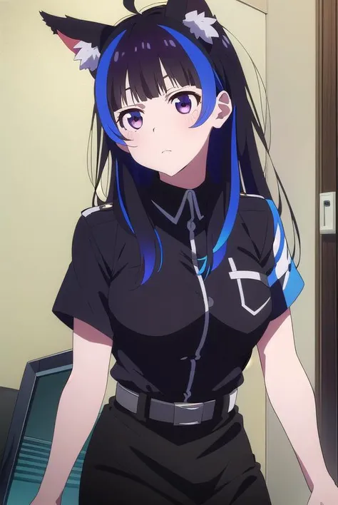 miniyaemori, <lora:miniyaemori-lora-nochekaiser:1>,
mini yaemori, long hair, bangs, black hair, blue hair, (purple eyes:1.1), multicolored hair, blunt bangs, streaked hair, ahoge,
BREAK skirt, shirt, animal ears, short sleeves, collared shirt, belt, cat ears, black skirt, uniform, animal ear fluff, parody, blue shirt, pencil skirt, black belt, police, police uniform,
BREAK looking at viewer,
BREAK indoors,
BREAK <lyco:GoodHands-beta2:1>, (masterpiece:1.2), best quality, high resolution, unity 8k wallpaper, (illustration:0.8), (beautiful detailed eyes:1.6), extremely detailed face, perfect lighting, extremely detailed CG, (perfect hands, perfect anatomy),