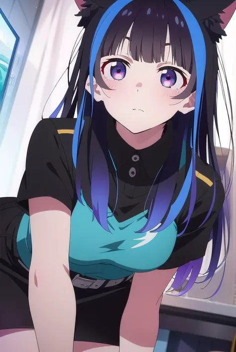 miniyaemori, <lora:miniyaemori-lora-nochekaiser:1>,
mini yaemori, long hair, bangs, black hair, blue hair, (purple eyes:1.1), multicolored hair, blunt bangs, streaked hair, ahoge,
BREAK skirt, shirt, animal ears, short sleeves, collared shirt, belt, cat ears, black skirt, uniform, animal ear fluff, parody, blue shirt, pencil skirt, black belt, police, police uniform,
BREAK looking at viewer,
BREAK indoors,
BREAK <lyco:GoodHands-beta2:1>, (masterpiece:1.2), best quality, high resolution, unity 8k wallpaper, (illustration:0.8), (beautiful detailed eyes:1.6), extremely detailed face, perfect lighting, extremely detailed CG, (perfect hands, perfect anatomy),