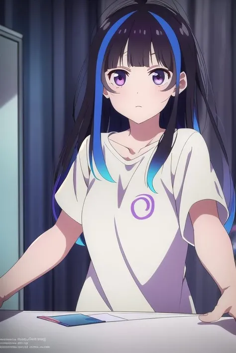 miniyaemori, <lora:miniyaemori-lora-nochekaiser:1>,
mini yaemori, long hair, bangs, black hair, blue hair, (purple eyes:1.1), multicolored hair, blunt bangs, streaked hair, ahoge,
BREAK shirt, white shirt, short sleeves, clothes writing,
BREAK looking at viewer,
BREAK indoors,
BREAK <lyco:GoodHands-beta2:1>, (masterpiece:1.2), best quality, high resolution, unity 8k wallpaper, (illustration:0.8), (beautiful detailed eyes:1.6), extremely detailed face, perfect lighting, extremely detailed CG, (perfect hands, perfect anatomy),