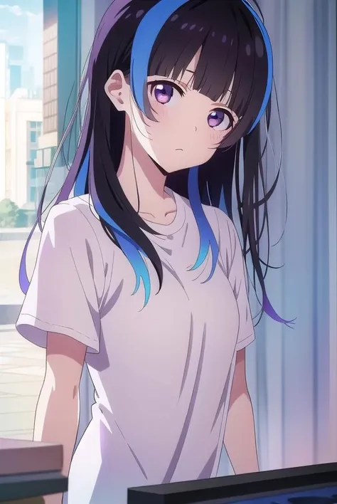 miniyaemori, <lora:miniyaemori-lora-nochekaiser:1>,
mini yaemori, long hair, bangs, black hair, blue hair, (purple eyes:1.1), multicolored hair, blunt bangs, streaked hair, ahoge,
BREAK shirt, white shirt, short sleeves, clothes writing,
BREAK looking at viewer,
BREAK indoors,
BREAK <lyco:GoodHands-beta2:1>, (masterpiece:1.2), best quality, high resolution, unity 8k wallpaper, (illustration:0.8), (beautiful detailed eyes:1.6), extremely detailed face, perfect lighting, extremely detailed CG, (perfect hands, perfect anatomy),