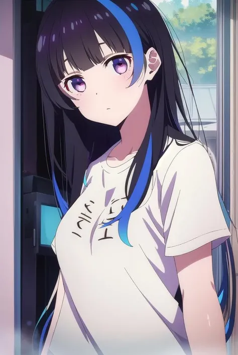 miniyaemori, <lora:miniyaemori-lora-nochekaiser:1>,
mini yaemori, long hair, bangs, black hair, blue hair, (purple eyes:1.1), multicolored hair, blunt bangs, streaked hair, ahoge,
BREAK shirt, white shirt, short sleeves, clothes writing,
BREAK looking at viewer,
BREAK indoors,
BREAK <lyco:GoodHands-beta2:1>, (masterpiece:1.2), best quality, high resolution, unity 8k wallpaper, (illustration:0.8), (beautiful detailed eyes:1.6), extremely detailed face, perfect lighting, extremely detailed CG, (perfect hands, perfect anatomy),