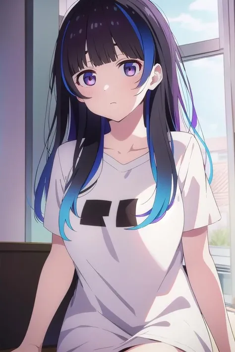 Minya Johnson, Mini Yaemori, Long hair, Bangs, Black hair, Blue hair, (Purple eyes:1.1), multicolored hair, Blunt bangs, striated hair, Ahoge,BREAK shirt, White shirt, Short sleeves, clothes writing,BREAK looking at viewer,BREAK (masutepiece:1.2), Best Quality, High resolution, Unity 8k壁纸, (Illustration:0.8), (Beautiful detailed eyes:1.6), extra detailed face, Perfect Lighting, extremely details CG, (Perfect hands, Perfect Anatomy),Naughty big、cowboy shot、thighs thighs thighs thighs、(Skirt lift:1.3), (Pink panties:1.3)、(Skirt that rolls up:1.3)、(Fully exposed panties:1.5)、outside of house、plein air、double tooth、red blush、embarrassed from