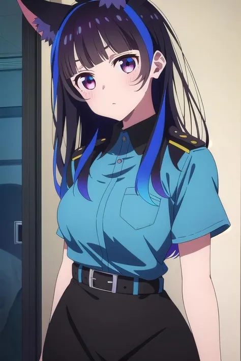 miniyaemori, <lora:miniyaemori-lora-nochekaiser:1>,
mini yaemori, long hair, bangs, black hair, blue hair, (purple eyes:1.1), multicolored hair, blunt bangs, streaked hair, ahoge,
BREAK skirt, shirt, animal ears, short sleeves, collared shirt, belt, cat ears, black skirt, uniform, animal ear fluff, parody, blue shirt, pencil skirt, black belt, police, police uniform,
BREAK looking at viewer,
BREAK indoors,
BREAK <lyco:GoodHands-beta2:1>, (masterpiece:1.2), best quality, high resolution, unity 8k wallpaper, (illustration:0.8), (beautiful detailed eyes:1.6), extremely detailed face, perfect lighting, extremely detailed CG, (perfect hands, perfect anatomy),