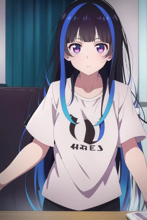 miniyaemori, <lora:miniyaemori-lora-nochekaiser:1>,
mini yaemori, long hair, bangs, black hair, blue hair, (purple eyes:1.1), multicolored hair, blunt bangs, streaked hair, ahoge,
BREAK shirt, white shirt, short sleeves, clothes writing,
BREAK looking at viewer,
BREAK indoors,
BREAK <lyco:GoodHands-beta2:1>, (masterpiece:1.2), best quality, high resolution, unity 8k wallpaper, (illustration:0.8), (beautiful detailed eyes:1.6), extremely detailed face, perfect lighting, extremely detailed CG, (perfect hands, perfect anatomy),