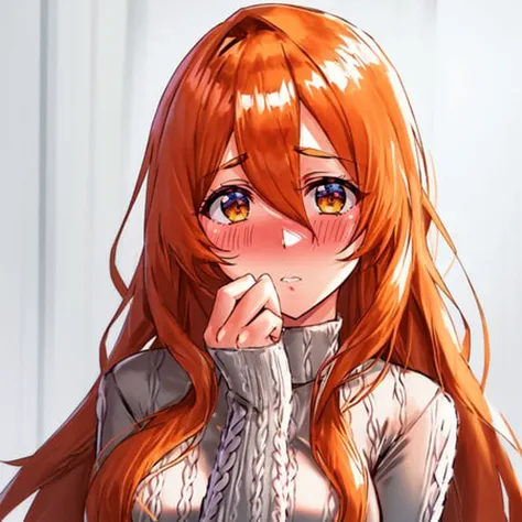 best quality, 1girl, embarrassed, blush, aran sweater, vslinx_orihime_inoue