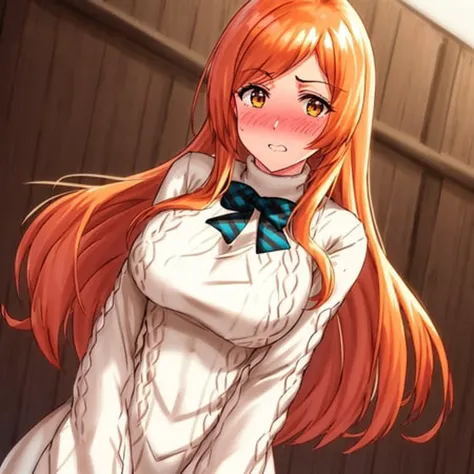 best quality, 1girl, embarrassed, blush, aran sweater, vslinx_orihime_inoue